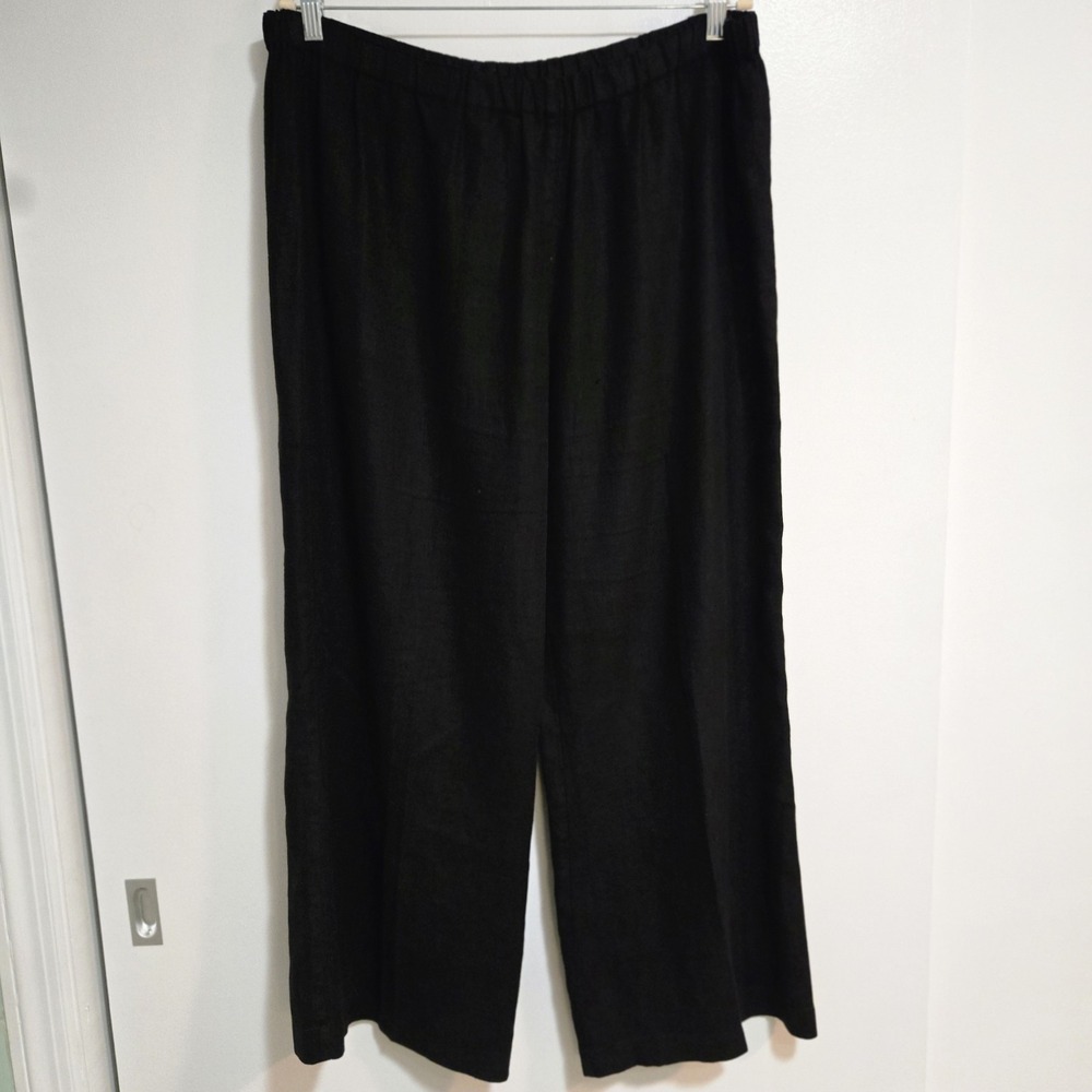 Chico's  Sz 3 (XL) Black Linen Pull-On Pants Rear Pockets Wide Leg 36x28 EUC